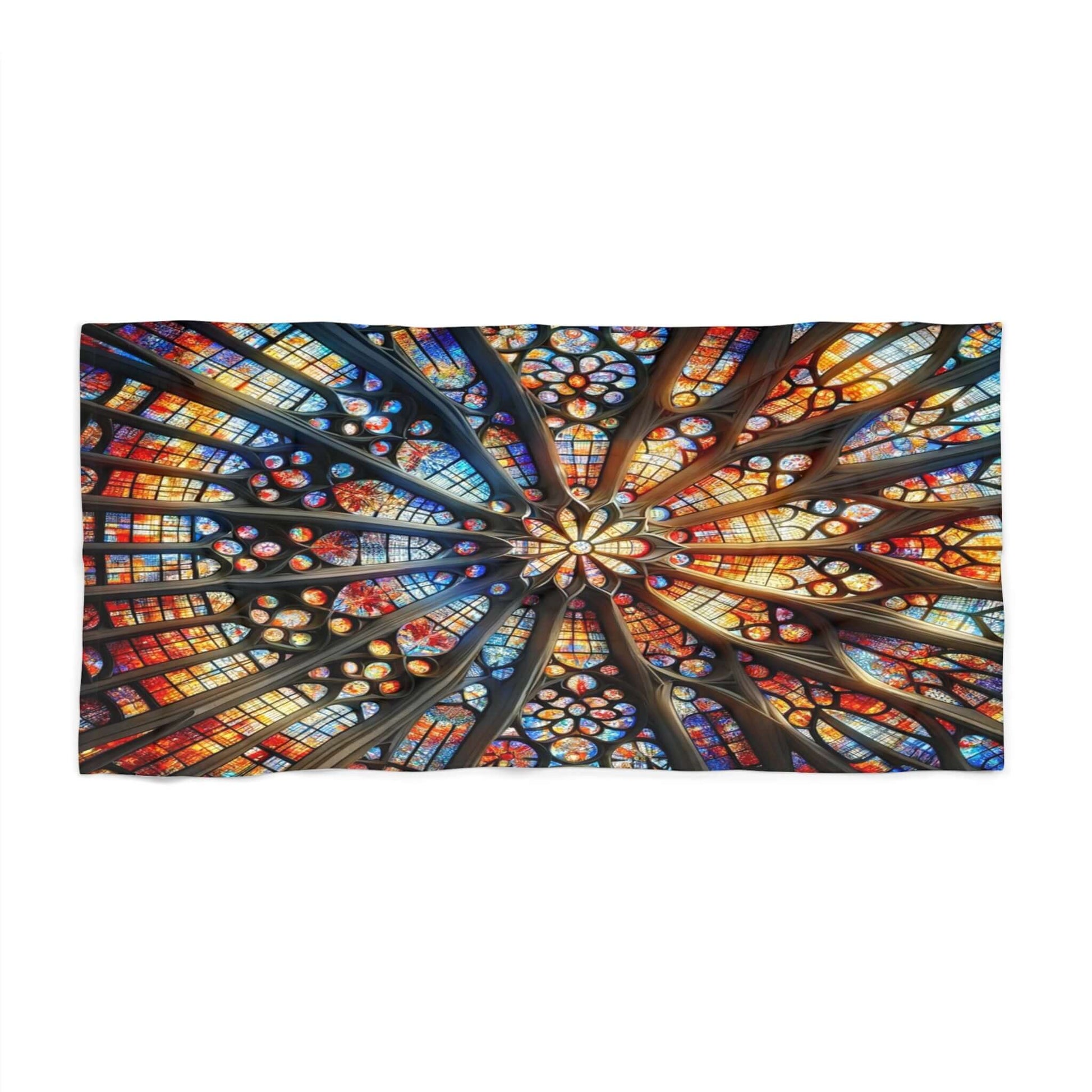 Gothic architecture frame rose window inspired stained glass beach towel that radiant vibrant mulit-colors from the center such as yellows blues, reds and more in the fractal detail of the window.