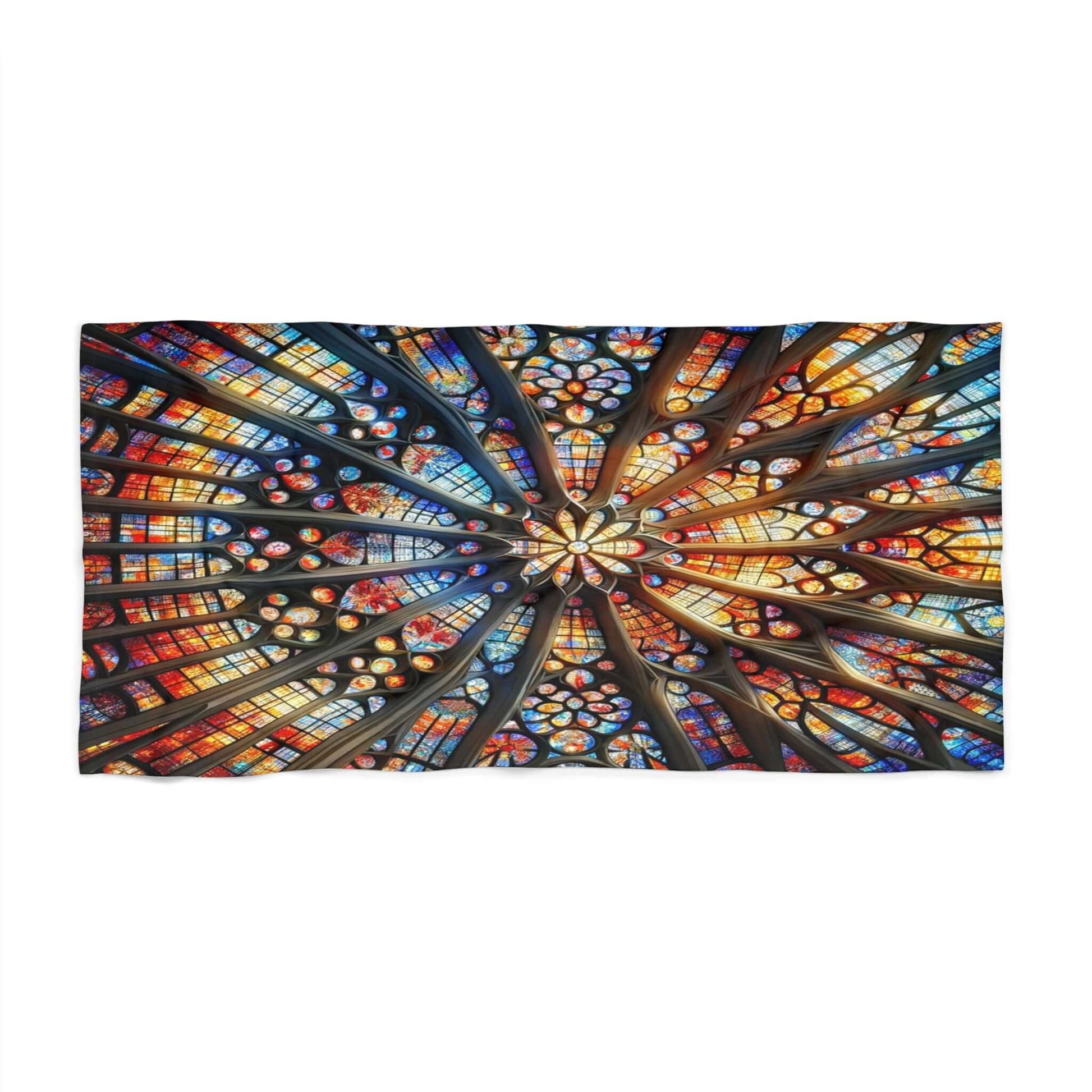 Gothic architecture frame rose window inspired stained glass beach towel that radiant vibrant mulit-colors from the center such as yellows blues, reds and more in the fractal detail of the window.