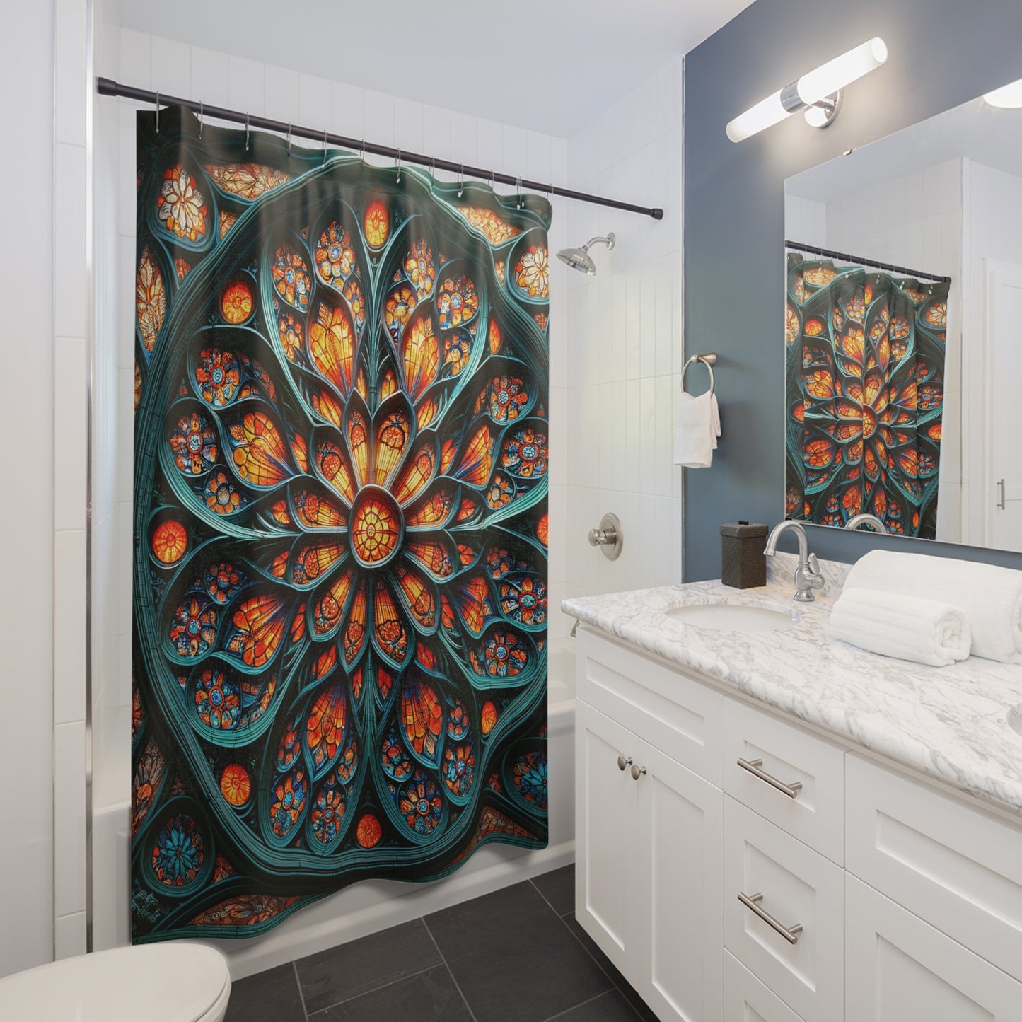 Radiant Mandala: The Sunlit Stained Glass Shower Curtian